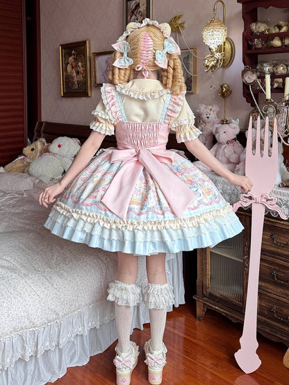 Dress Ruffle Bow Details JSK and Macaron with Lolita Print Sweet Cake Color