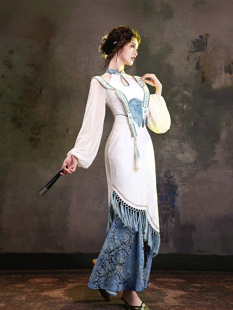 Elegant Blue & White Jacquard Long Cheongsam Gown with Cutout Accents - sijinstudio