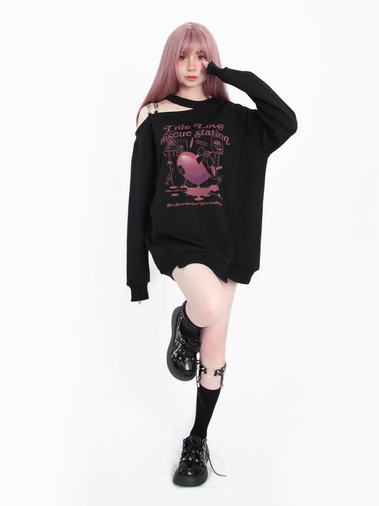 ブラックのカットアウトショルダーハート＆リボンプリントトップス