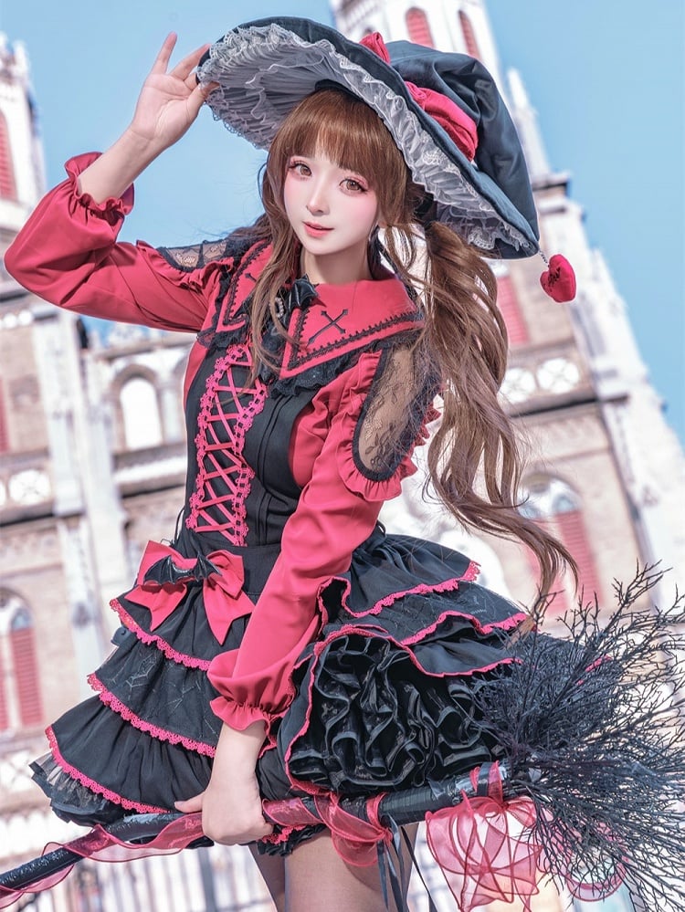 Jumper Showa Retro Black Witch Tiered Skirt Dress Red