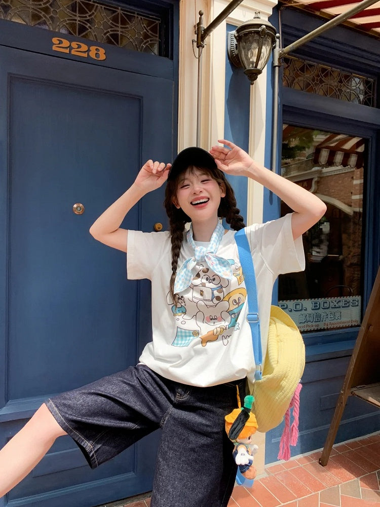 Cotton T-shirt Adorable Animal Print White Round Neck Loose