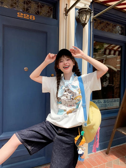 Cotton T-shirt Adorable Animal Print White Round Neck Loose