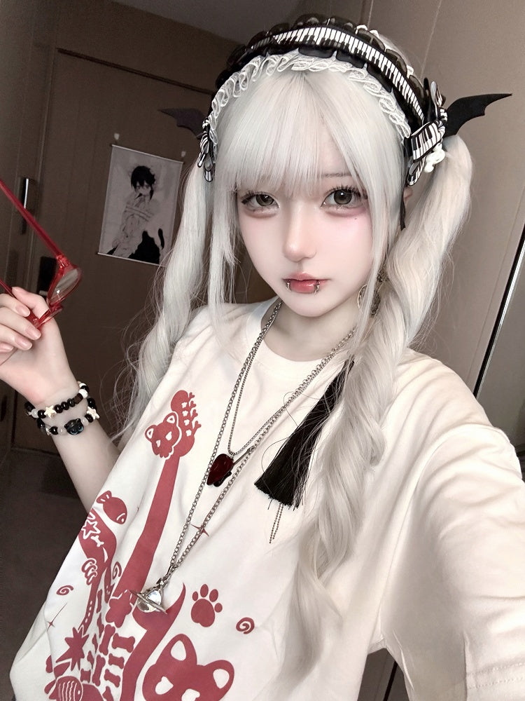 Punk Guitar Print Red Rock and Jirai Kei T-Shirt with Guitar Pick Necklace White