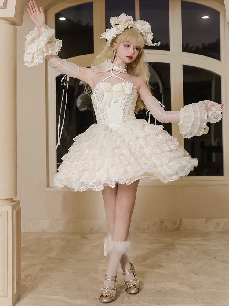 Cremiges Lolita-Kleid mit Jakobsmuschel-Rockbesatz, bestickt, Prinzessinnenkleid, gestuft