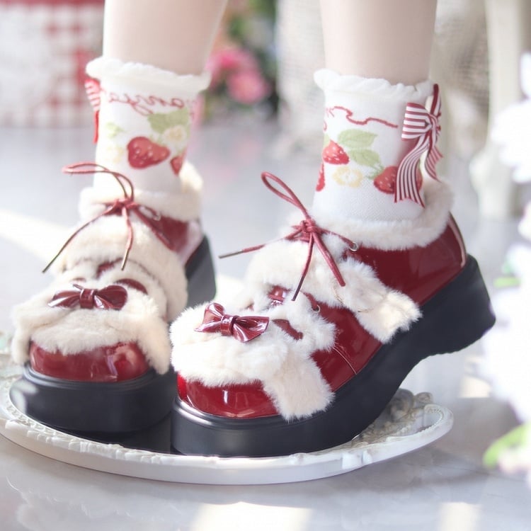 Red Decor Bow Bear Embellishments Lolita Sweet Shoes Wine Ear in Platform PU