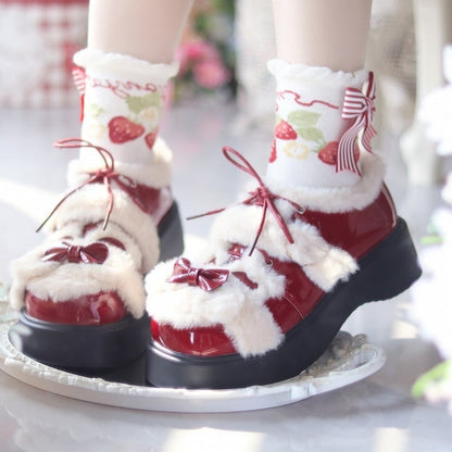 Red Decor Bow Bear Embellishments Lolita Sweet Shoes Wine Ear in Platform PU