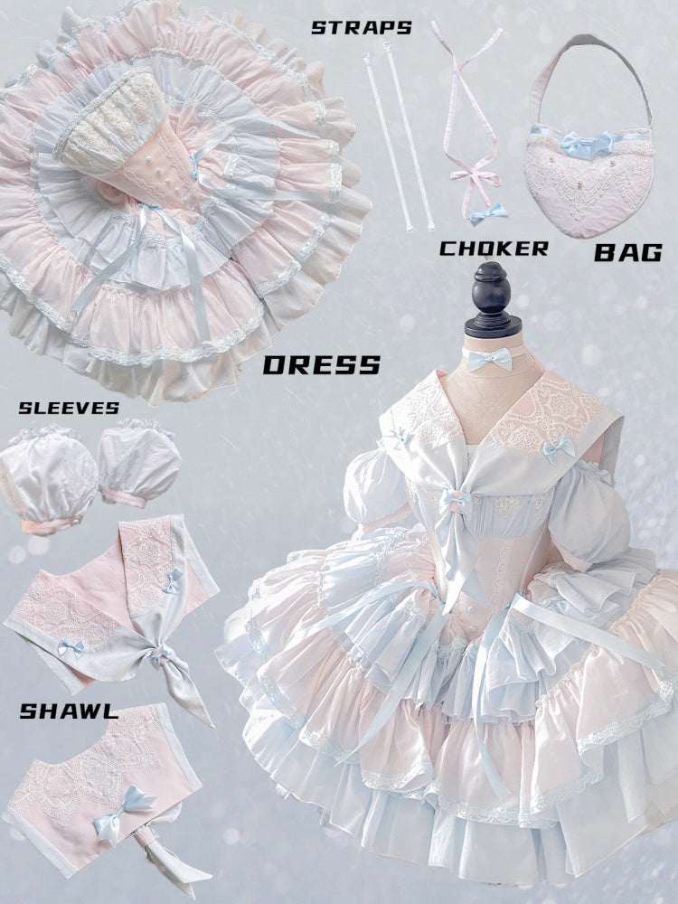 Pink and Blue Princess Corset Puffy Dress Tiered Ruffle Skirt Full Set
