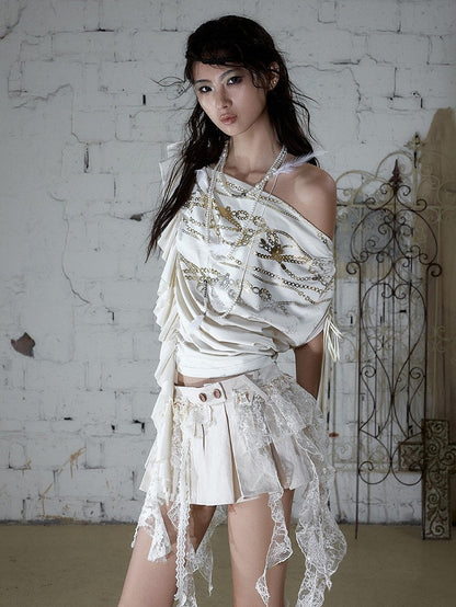 Punk Gold Chain Print Apricot Top with Asymmetric Neckline - NO ROMANCE