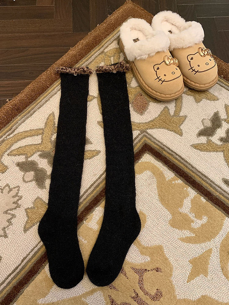 White/Light Coffee/Dark Coffee/Black/Dark Grey Sweet Calf Socks With Leopard Bowknot