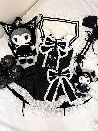 Black - Dollcore Open Dress Back Sailor White Trim Collar Lace Sleeveless Tiered Alternative