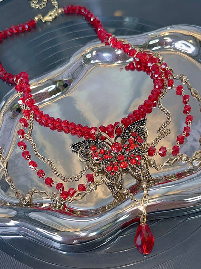 Gothic Red Bead and Butterfly Details Necklace