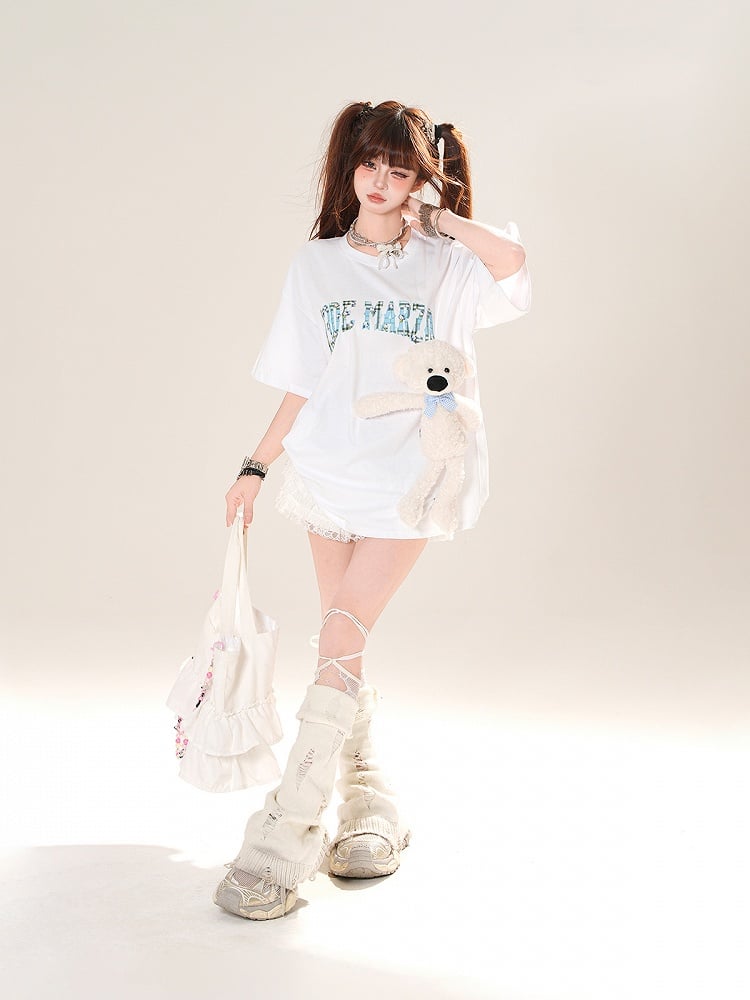 White Elastic Waist Lace Trim Mini Tiered Pleated Skirt and Gray