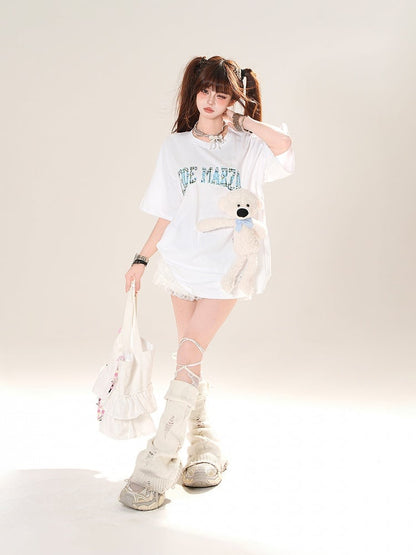 White Elastic Waist Lace Trim Mini Tiered Pleated Skirt and Gray