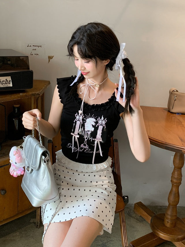 トップタンク ブラック キャンドルスティックプリント レーストリム ビタースウィート