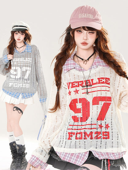 Faux Gray/White Holes Two-pieces Distressed Coverup Plaid Hem