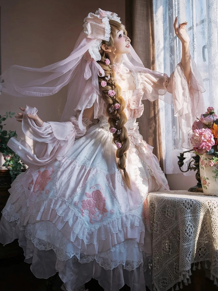 Ruffles Hanayome Light Dress Pink Version Accents with Layered Flowing JSK Lolita Rose Long