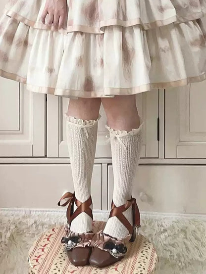 Victorian Ankle Bow with Mid Heel - Square-Toe Sandals Style Detachable Closure Bead Lolita Brown