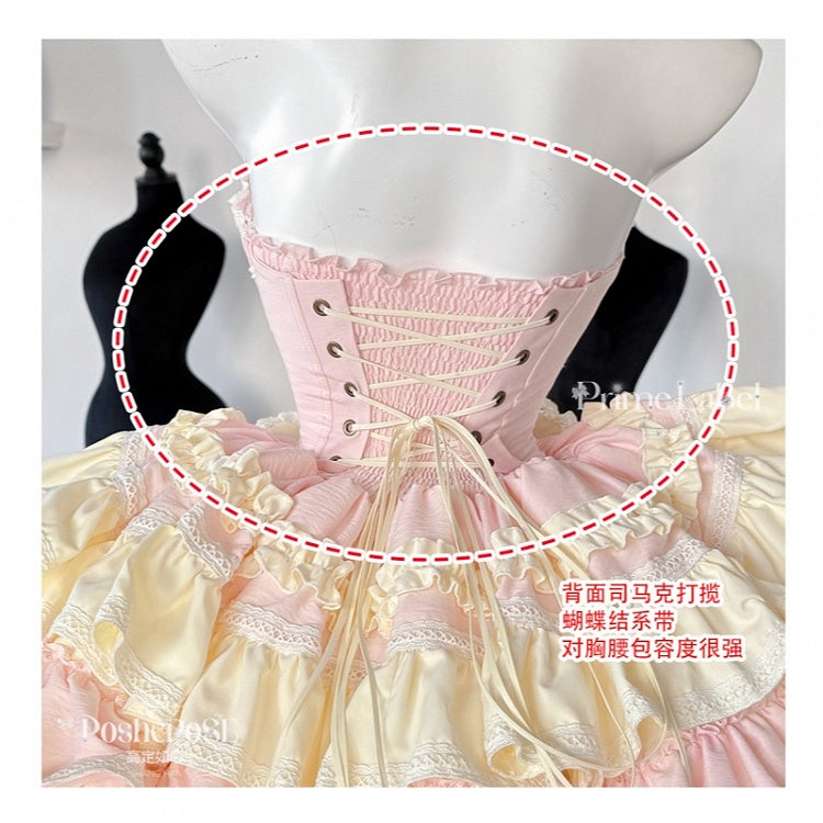 und Korsett mit Ohrenstäbchen, Schleife und Taille, rosa Rockkleid, bauschig, Hase auf süßem gelbem Design