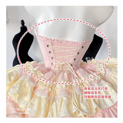 und Korsett mit Ohrenstäbchen, Schleife und Taille, rosa Rockkleid, bauschig, Hase auf süßem gelbem Design