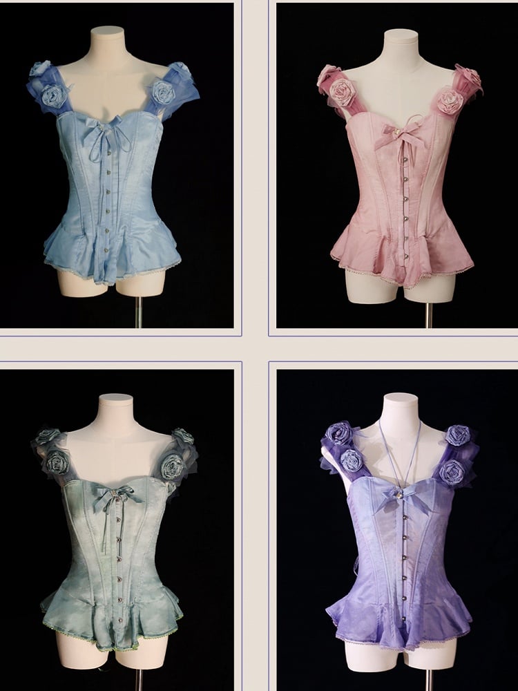 Korsett-Oberteil mit Volant und grünem Saum und abnehmbaren Blumenverzierungen