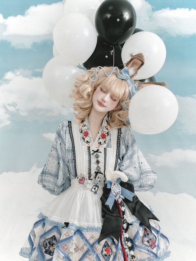 Blue Polka Dot Chinese Style Short Skirt Dress with Rabbit & Rose Pattern - Zao Jing Ji