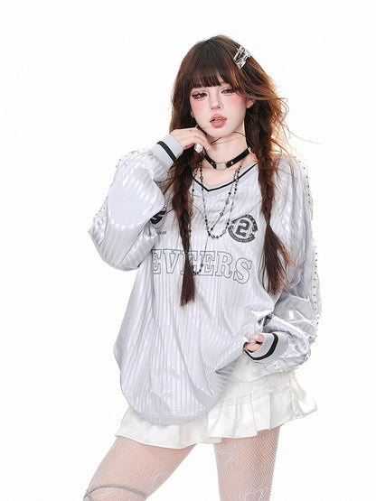 Loose V-Neck Sweatshirt Pink/Gray Striped Pattern