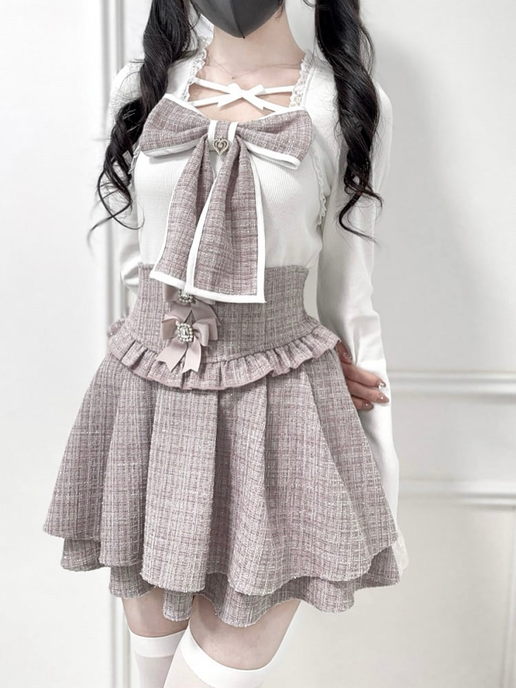 Skirt: Layer Waist with Tweed High Detachable Double Hem Bows Pink Kei Jirai