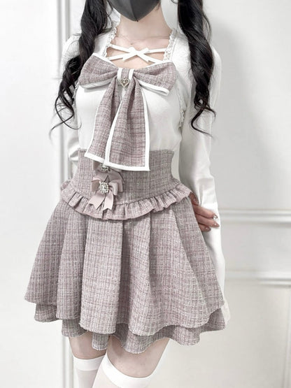 Skirt: Layer Waist with Tweed High Detachable Double Hem Bows Pink Kei Jirai