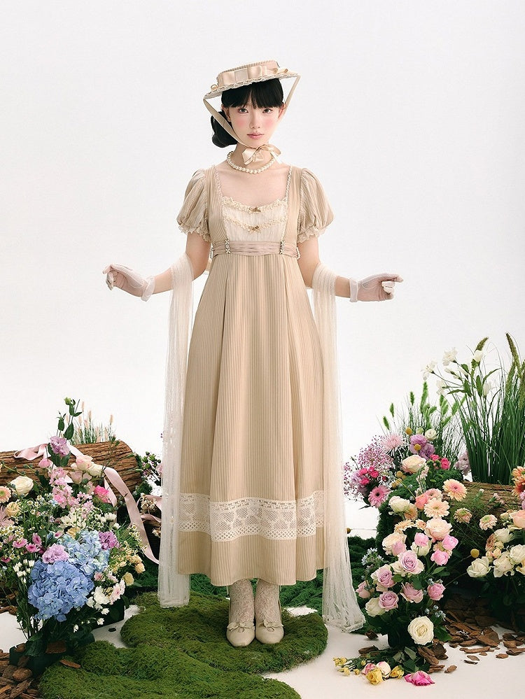 Champagne Elegant Short-Sleeved Empire Waist Lolita OP Gown with Lace Accents - KOMOMO
