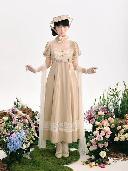 Champagne Elegant Short-Sleeved Empire Waist Lolita OP Gown with Lace Accents - KOMOMO