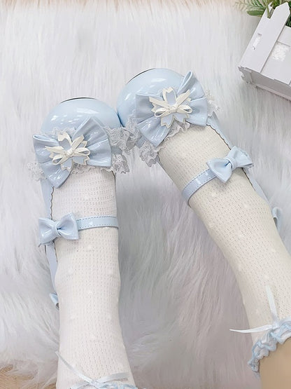Pale Blue Kawaii Round Toe Lolita Shoes with Cherry Blossom, Lace & Bow - Hazelnut Bear