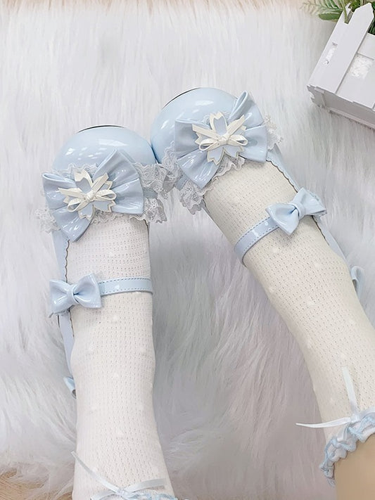 Pale Blue Kawaii Round Toe Lolita Shoes with Cherry Blossom, Lace & Bow - Hazelnut Bear