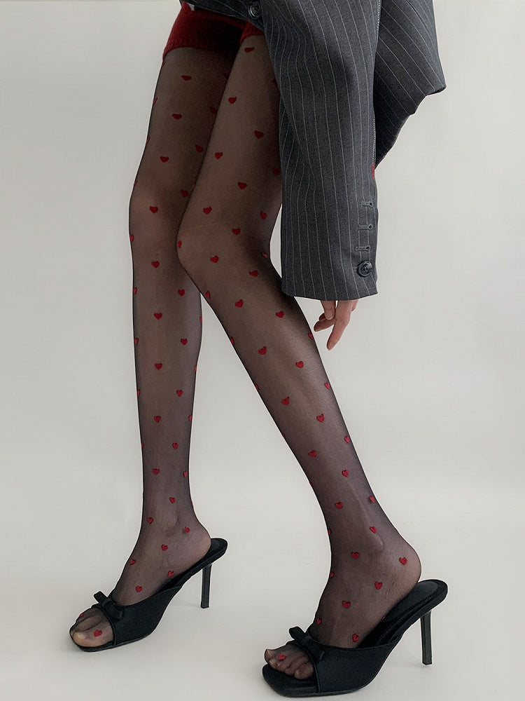 Red Black Sheer Pattern Pantyhose Heart