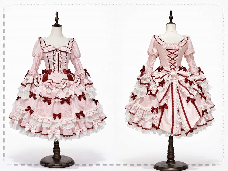 Lace and Pink Accents Trims Bear Sweet Embroidery Bow Dress Lolita White with