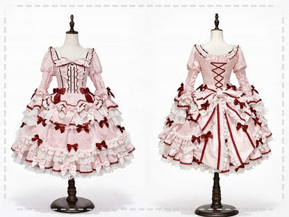 Lace and Pink Accents Trims Bear Sweet Embroidery Bow Dress Lolita White with
