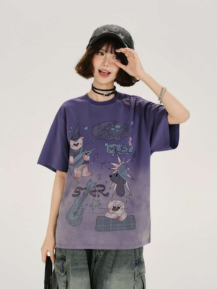 Vintage Purple Faded Wash Design Short Sleeve T-Shirt with Cartoon Print - Girlyhalo
