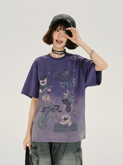 Vintage Purple Faded Wash Design Short Sleeve T-Shirt with Cartoon Print - Girlyhalo
