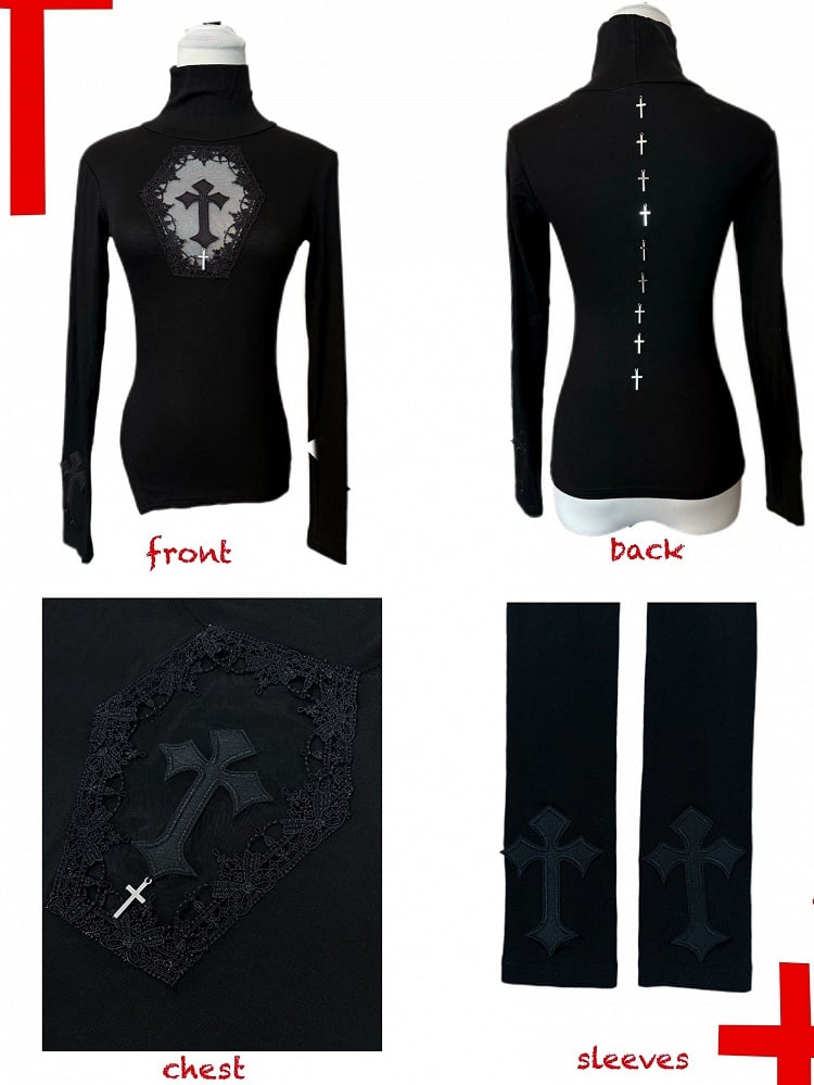 Coffin Sleeves Crosses Cutout High Top Adorned Black Neck Gothic Long