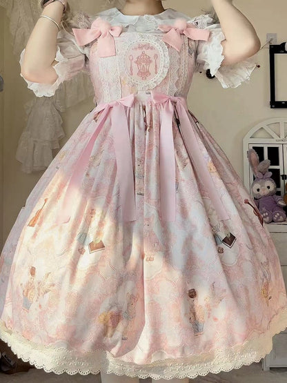 and Print JSK Dress Bunny Pink High Lolita Waist Sweet Violin