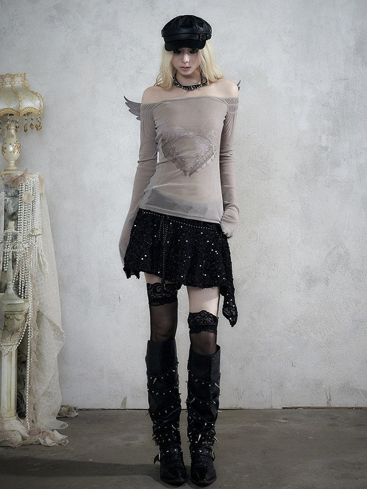 Grey Heart Print Off-Shoulder Long Sleeve Flocked Knit Top with Back Cutout & Wing Decoration - NO ROMANCE