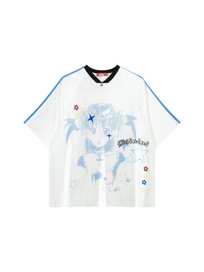 T-Shirt White V-Neck Cartoon Girl Print