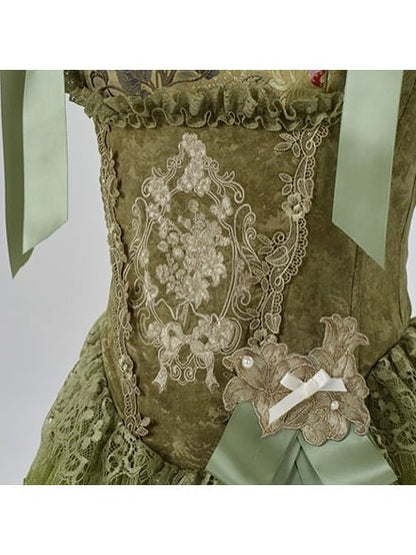Dark Green Floral Lace Boned Corset with Satin Bow - Yimu Walnut