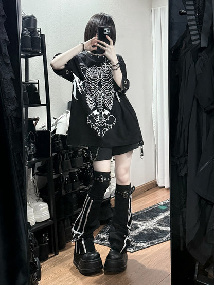 Oversized Black Jirai-Kei Tee with Skeleton Print, Rivets and Circular Eyelets, Short Sleeve - Puzzles