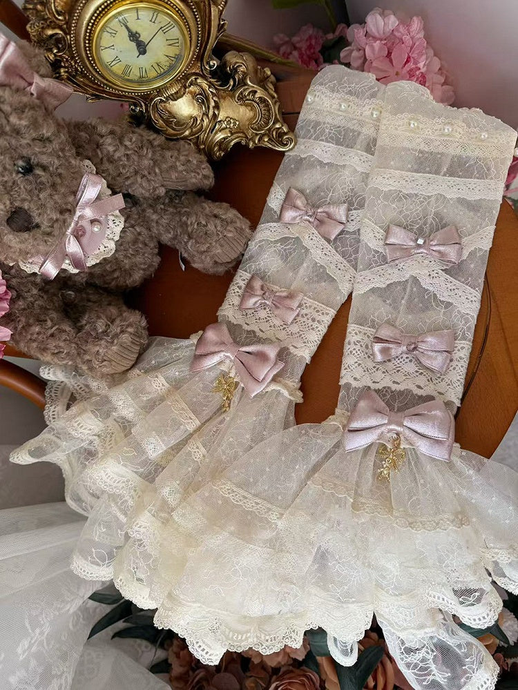 and Details Detachable Beige Bows with Bead Embellished Pink Sleeves Lace