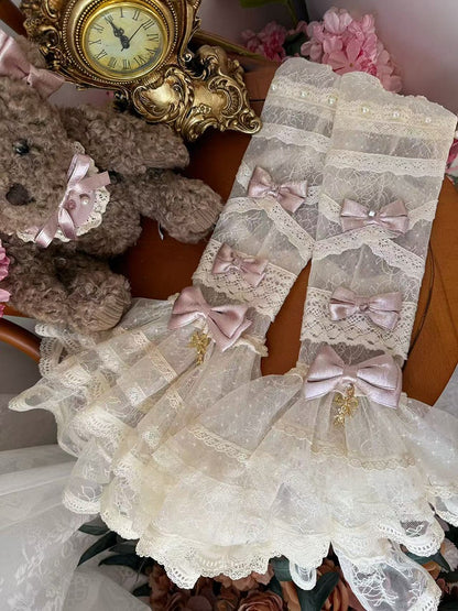 and Details Detachable Beige Bows with Bead Embellished Pink Sleeves Lace