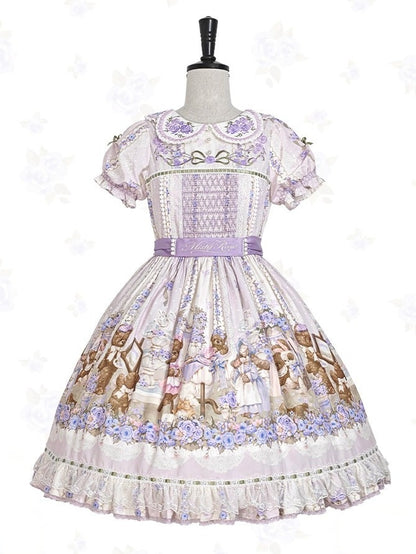 Cute Bear Print OP Dress with Purple Floral Embroidery, Doll Collar & Puff Sleeves - Stars Fall on the Foggy Island