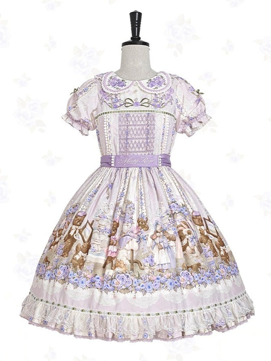 Cute Bear Print OP Dress with Purple Floral Embroidery, Doll Collar & Puff Sleeves - Stars Fall on the Foggy Island