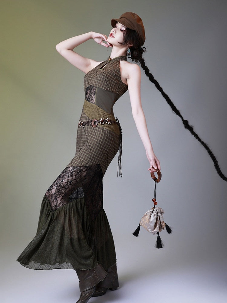 Modern Patchwork Qipao Long Dress with Plaid and Lace - sijinstudio
