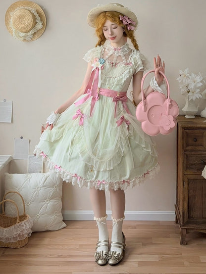 Elegant Version Green Classic Details with Bow Lolita Lace Dress Light and Short