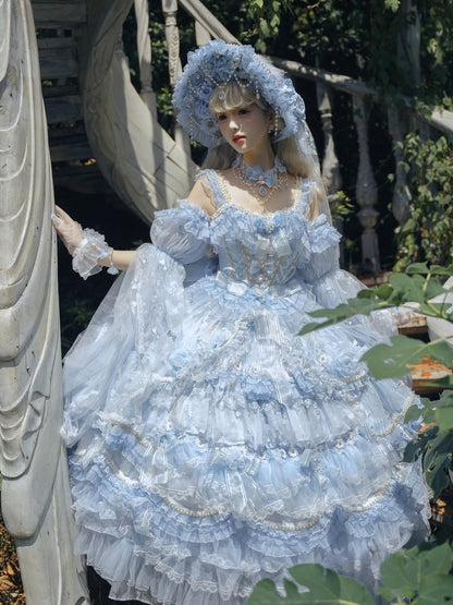 Bonnet Veil Lolita Floral Design and Sequined Blue with Details Hanayome Bead